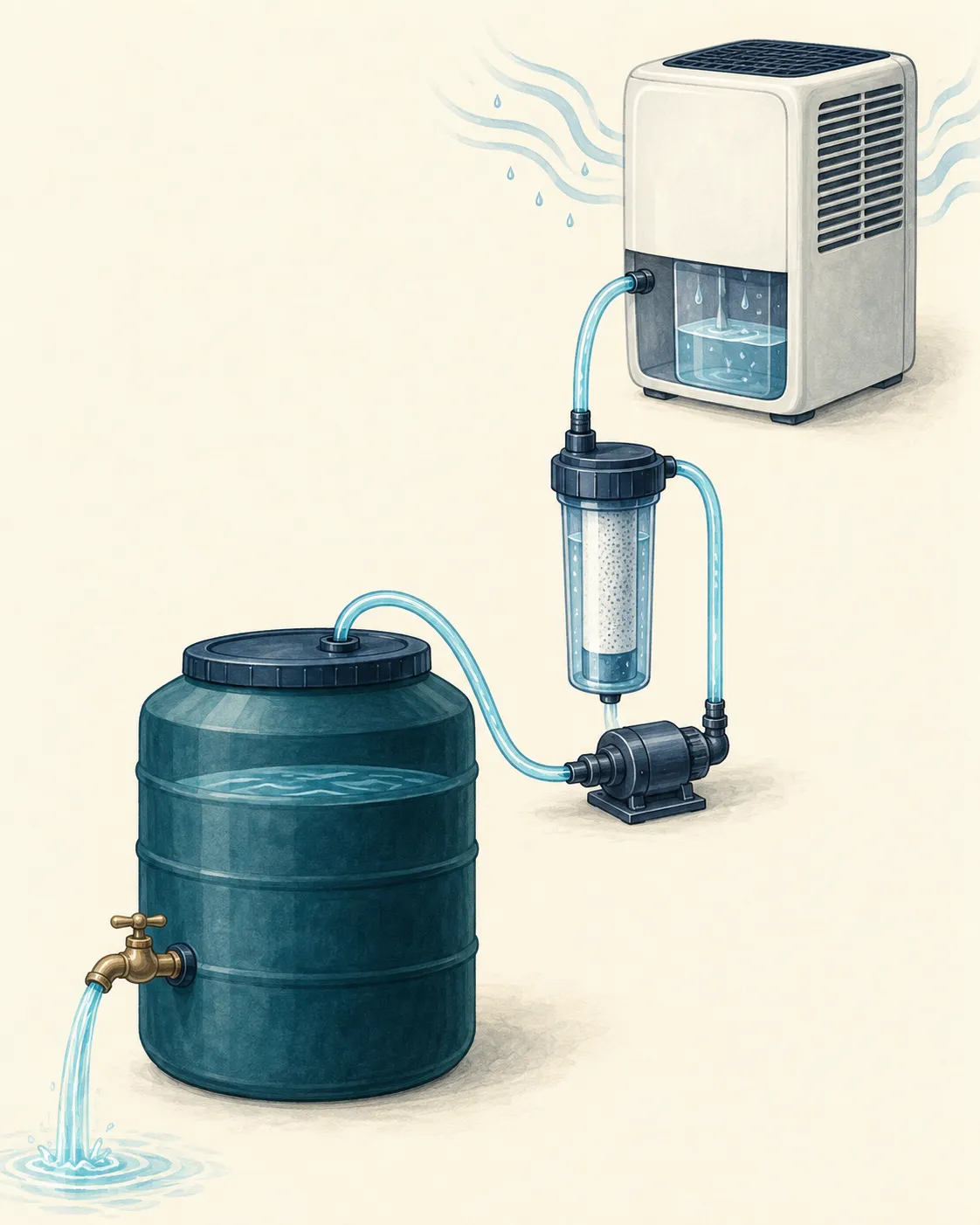 Editorial illustration of a dehumidifier linked by tubing to a filter, pump, storage barrel and tap