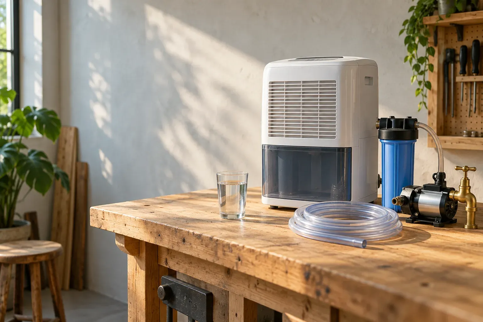Editorial illustration of a dehumidifier and water-handling components arranged on a workshop bench
